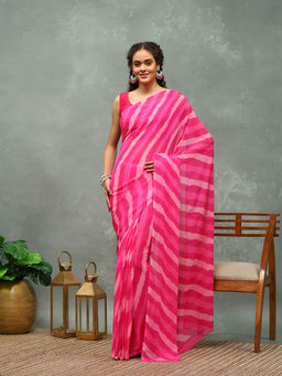 MEENA BAZAAR - Light Pink Stripes Printed Georgette Saree with Unstitched Blouse