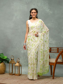 MEENA BAZAAR - Green and White Printed Georgette Saree with Unstitched Blouse