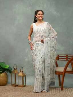 MEENA BAZAAR - Grey and White Printed Georgette Saree with Unstitched Blouse