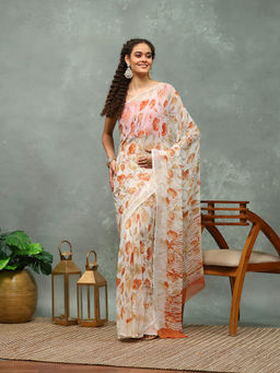 MEENA BAZAAR - Orange and White Printed Georgette Saree with Unstitched Blouse