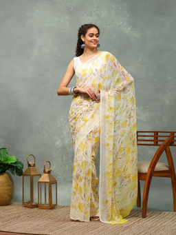 MEENA BAZAAR - Yellow and White Printed Georgette Saree with Unstitched Blouse