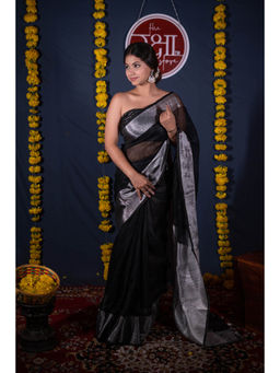 The Raksha Store - Black Linen Woven Silver Border Saree with Unstitched Blouse