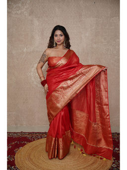The Raksha Store - Kaavya- Red Linen Saree with Unstitched Blouse with Border