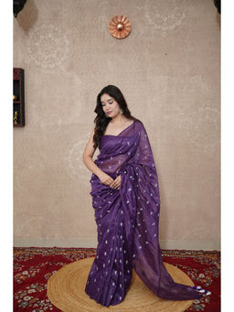 The Raksha Store - Madhulika- Purple Floral Silk Linen Saree with Unstitched Blouse