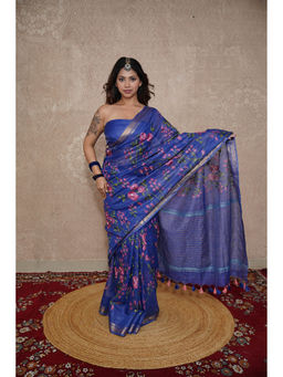The Raksha Store - Noopur - Blue Silk Linen Saree with Unstitched Blouse