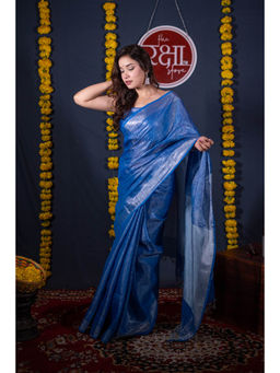 The Raksha Store - Blue Zari Linen Silver Pallu Saree with Unstitched Blouse