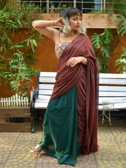 Suta - Brown Cotton Colorblock Saree Without Blouse