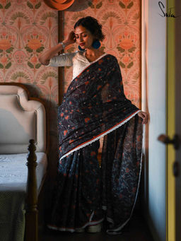 Suta - Black Printed Cotton Saree with Fall and Without Blouse