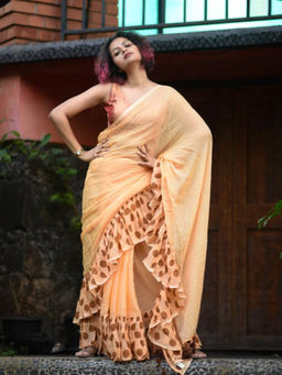 Suta - Orange Mul Cotton Polka Dots Border Saree Without Blouse