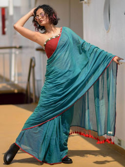 Suta - Teal Mul Cotton Solid Saree Without Blouse