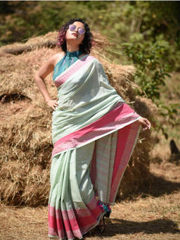 Suta - Green Handloom Cotton Saree Without Blouse