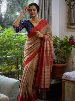 Suta - Light Brown Handloom Cotton Woven Saree Without Blouse