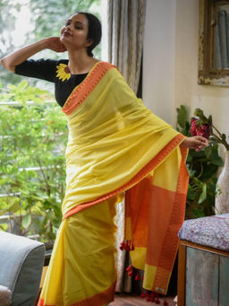 Suta - Yellow Handloom Cotton Woven Saree Without Blouse