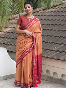 Suta - Orange Handloom Cotton Saree Without Blouse