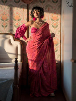 Suta - Pink Printed Saree with Fall and Without Blouse
