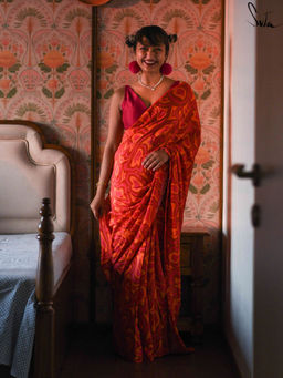 Suta - Orange Printed Saree with Fall and Without Blouse