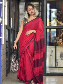 Suta - Red Stripes Handloom Cotton Saree Without Blouse