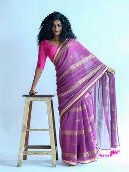 Suta - Pink Cotton Blend Woven Design Saree Without Blouse