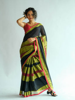Suta - Black Cotton Blend Striped Handloom Saree Without Blouse