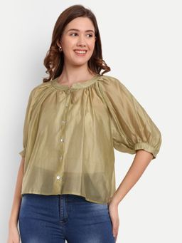 IKI CHIC - Green Front Button-Up Oversized Top with Puff Raglan Sleeves