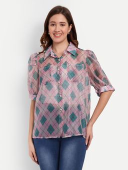 IKI CHIC - Pink Printed Collared Shirt with Pearl Front Button Up and Puff Sleeves
