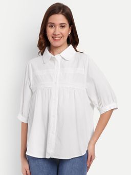 IKI CHIC - White Collared Front Button-Up Shirt with Puff Sleeves and Lace Detailing
