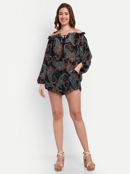 IKI CHIC - Printed Off-Shoulder Full Sleeves Blouse with High Waisted Shorts (Set of 2)