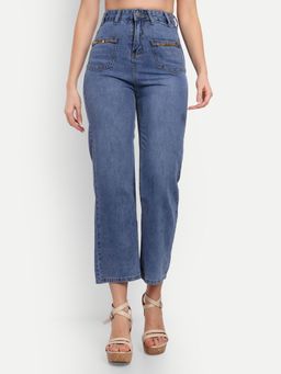 IKI CHIC - Blue Washed High Waisted Denim Jeans with A Front Patch Pocket and Chain Detailing