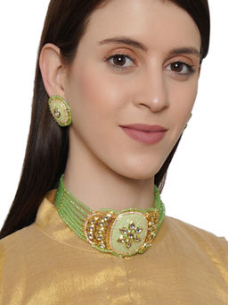 Shoshaa - Gold Green Kundan Handcrafted Choker Necklace With Earrings