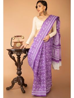 Unnati Silks - Violet Pure Krisha Block Printed Cotton Saree with Unstitched Blouse