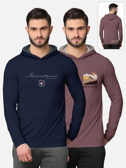 BULLMER - Printed Full Sleeve Hooded T-shirt For Men Navy Blue And Purple (Pack of 2)