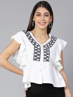 Oxolloxo - Bright Stylish Embroidered White Women Casual Top