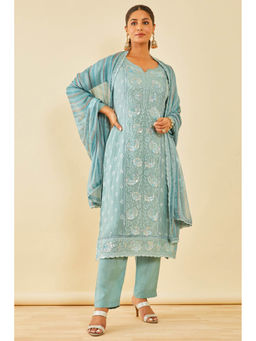 Soch - Blue Floral Embroidered Unstitched Kurta Bottom and Dupatta (Set of 3)