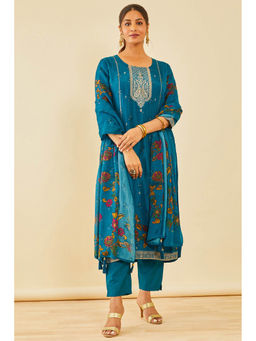 Soch - Blue Floral Print Brocade Kurta and Pant with Dupatta (Set of 3)