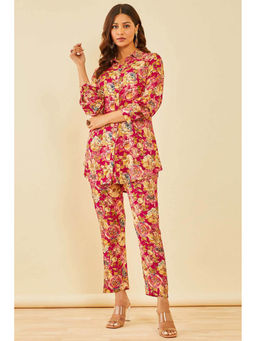 Soch - Red Rayon Botanical Print Co-Ord (Set of 2)