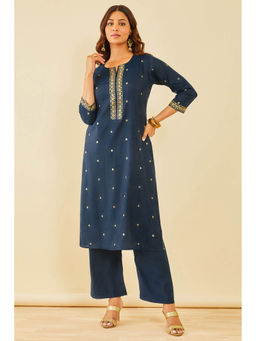 Soch - Blue Floral Foil Print Cotton Blend Kurta with Palazzo (Set of 2)