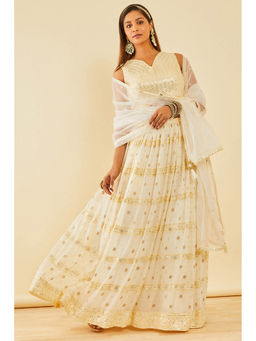 Soch - Off White Embellished Lehenga Choli with Dupatta and Unstitched Sleeve (Set of 4)