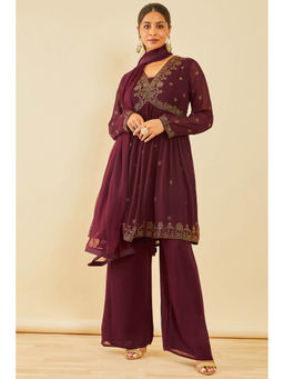 Soch - Maroon Embellished Georgette Kurta with Palazzo and Dupatta (Set of 3)