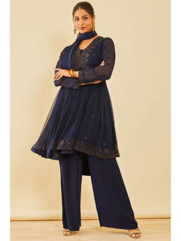 Soch - Navy Blue Embellished Georgette Kurta and Palazzo and Dupatta (Set of 3)
