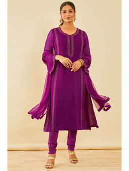 Soch - Purple Embellished Georgette Kurta and Churidar with Dupatta (Set of 3)