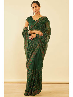 Soch - Womens Green Chiffon Zari Embroidered Saree with Unstitched Blouse