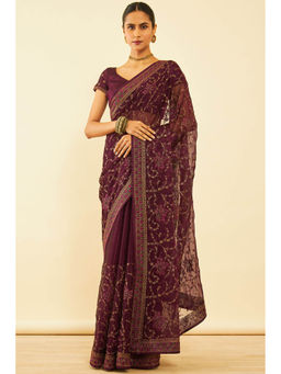 Soch - Womens Wine Chiffon Zari Embroidered Saree with Unstitched Blouse