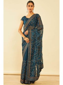 Soch - Womens Blue Chiffon Zari Embroidered Saree with Unstitched Blouse