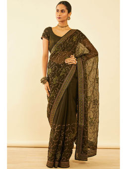 Soch - Womens Olive Chiffon Zari Embroidered Saree with Unstitched Blouse