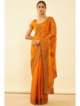 Soch - Womens Mustard Chiffon Zari Embroidered Saree with Unstitched Blouse