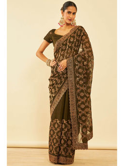 Soch - Womens Olive Chiffon Zari Embroidered Saree with Unstitched Blouse
