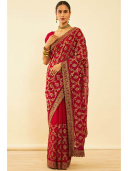 Soch - Womens Maroon Chiffon Zari Embroidered Saree with Unstitched Blouse