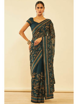 Soch - Womens Green Chiffon Zari Embroidered Saree with Unstitched Blouse