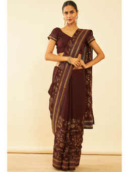 Soch - Womens Maroon Chiffon Zari Embroidered Saree with Unstitched Blouse