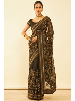 Soch - Womens Olive Chiffon Zari Embroidered Saree with Unstitched Blouse